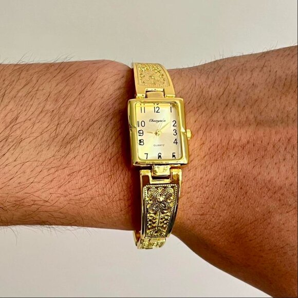 2000s vintage cute gold rectangle stainless steel quartz luxury watch - Picture 7 of 8